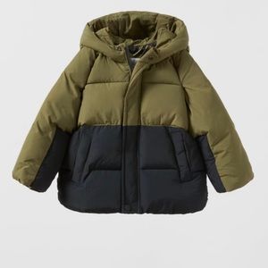 Zara toddler color block water resistant puffer jacket olive black 12-18 months